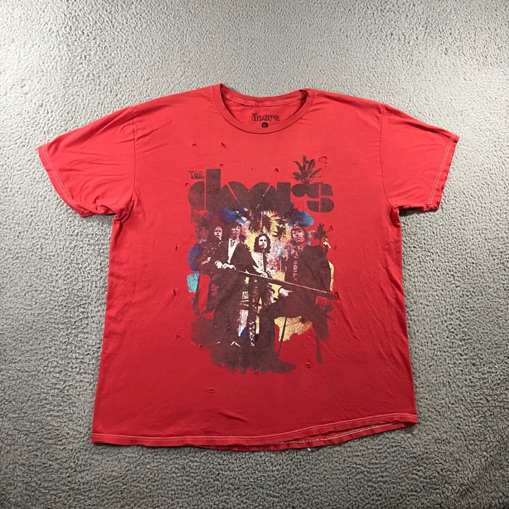 The Doors Graphic T-Shirt Mens XL Red Distressed Band Tee S/S Retro Grunge